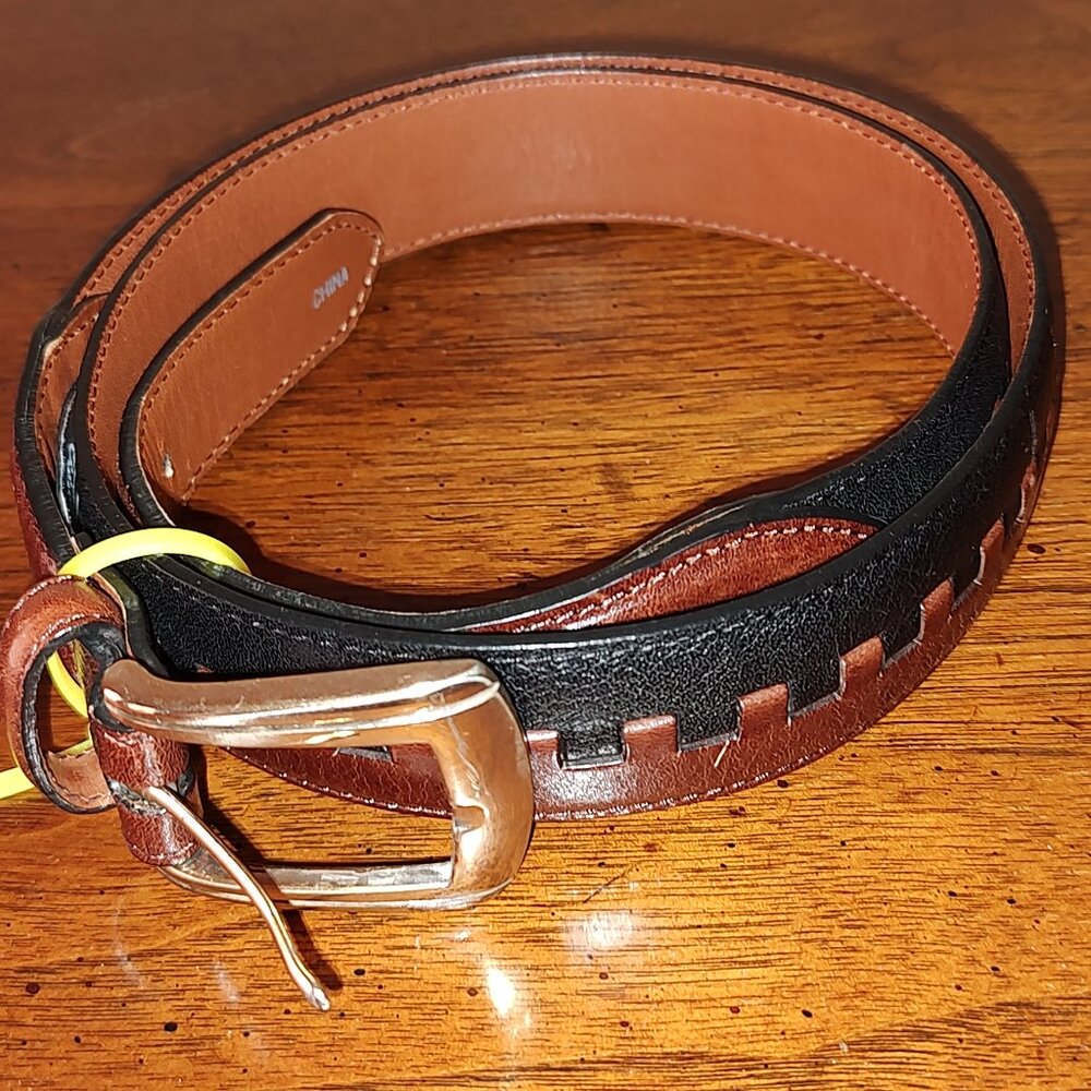 BRIGHTON MENS 2-TONE LEATHER BELT GOLD BUCKLE BLACK/DK BROWN 1 1/4"W SIZE 36
